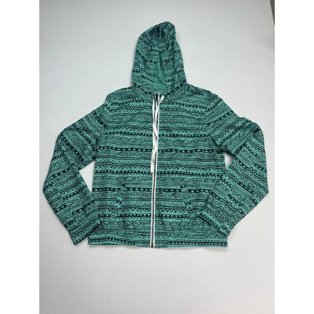 Zine women's Teal Athletic Aztec‎ full zip hooded windbreaker jacket size Large